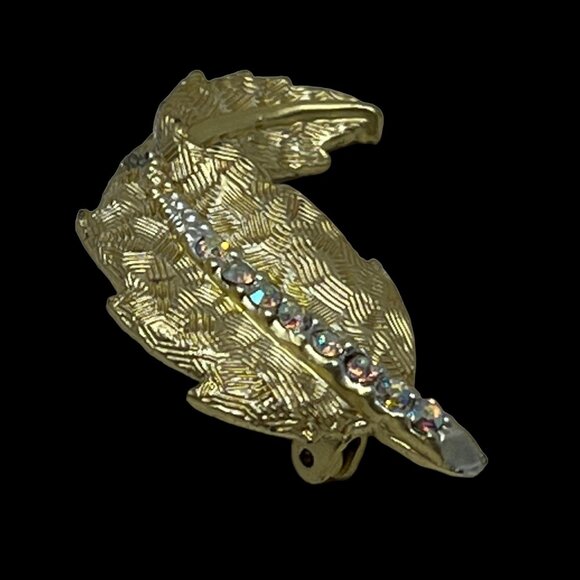 Vintage‎ AB Leaf Brooch Brushed Gold Tone Pin with Aurora Borealis Stones - Picture 9 of 10